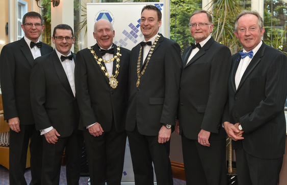 Kevin Kelly, CEO Galway County Council, Justin Molloy, CIF Regional Director, Cllr Noel Larkin, Galway City Mayor, Paul Stewart, Chairman Galway Branch, Pat Lucey, Senior Vice President CIF & Tom Parlon, CIF Director General at the Construction Industry Federations Galway Branch Gala Ball in the Westwood Hotel on Friday.  Photo: Joe Travers.